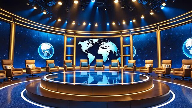 Modern global news studio with circular stage, world map backdrop, and stylish chairs under bright studio lighting

