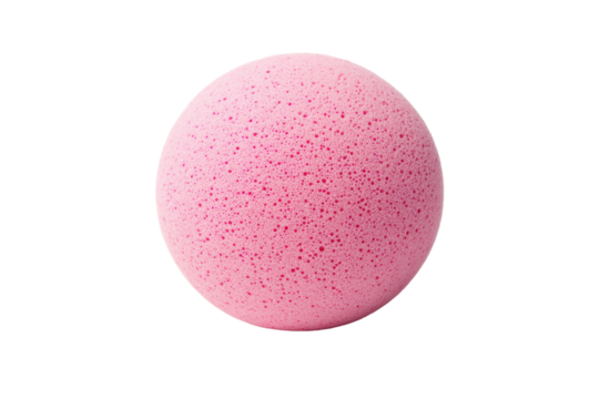 Pink round foam ball with textured surface on black background, cut out