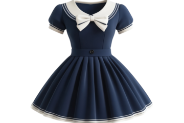 A Charming Navy Blue Sailor Dress, Perfect For A Summer Day, Featuring A Pleated Skirt And A Large White Bow, Elegantly Styled With Short Sleeves And A Crisp Collar Isolated on Transparent Background