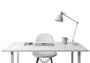 Minimalist Office Desk Setup with White Chair, Desk Lamp, Notebook, Pen, and Coffee Mug for Productive Work Environment Inspiration