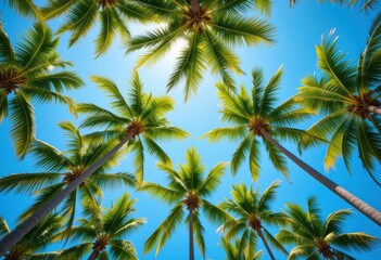Sunlight streams through tropical palm trees reaching towards the clear blue sky in a vibrant low angle view