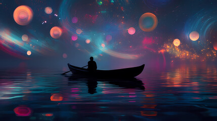 Celestial Serenity: A lone figure navigates a boat across a tranquil body of water, silhouetted against a breathtaking sky filled with cosmic elements, embodying a sense of peace and introspection.