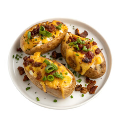 Baked cheesy loaded potatoes isolated on transparent background