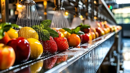 A conveyor belt with various fruits like apples, strawberries, and oranges being washed under water sprays. Concept Conveyor Belt Operation, Fruit Washing Process, Water Spray Mechanism