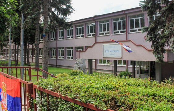 Zvecan, Kosovo - July 2, 2023: A view on the building of the elementary school "Vuk Karadzic" in Zvecan.