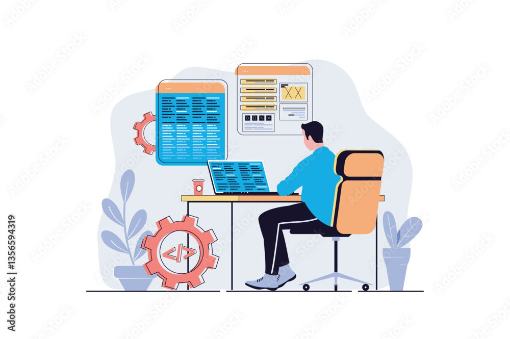 Fototapete Programmer working web concept with cartoon people design. Man programming software at laptop, engineering and coding, making optimization. Flat vector illustration isolated on white background.