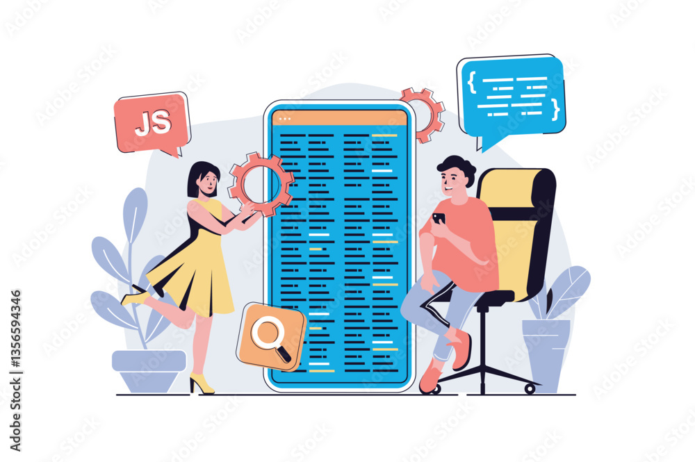 Poster App development web concept with cartoon people design. Man and woman creating mobile interface layout, prototyping and programming at screen. Flat vector illustration isolated on white background.