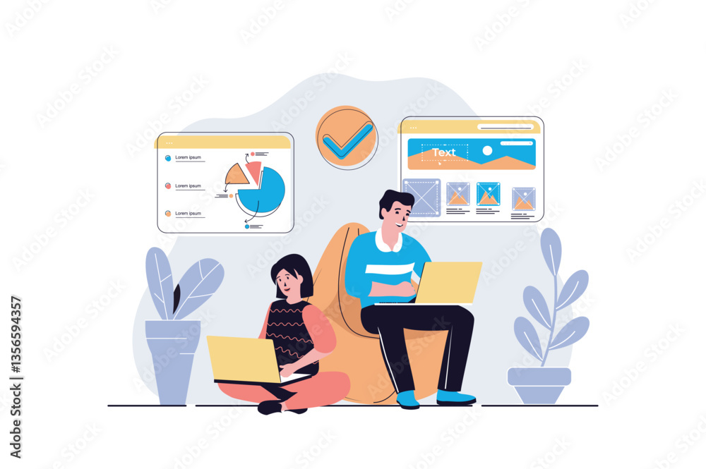 Aufkleber Freelance working web concept with cartoon people design. Woman making data analysis at laptop and man designing webpage while sits in armchair. Flat vector illustration isolated on white background.