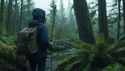 Naklejka premium Hiker in Misty Rainforest Path.