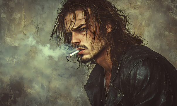 Rebellious Stare: A brooding man with long hair and intense gaze, cigarette in hand, embodies a sense of defiance and introspection.