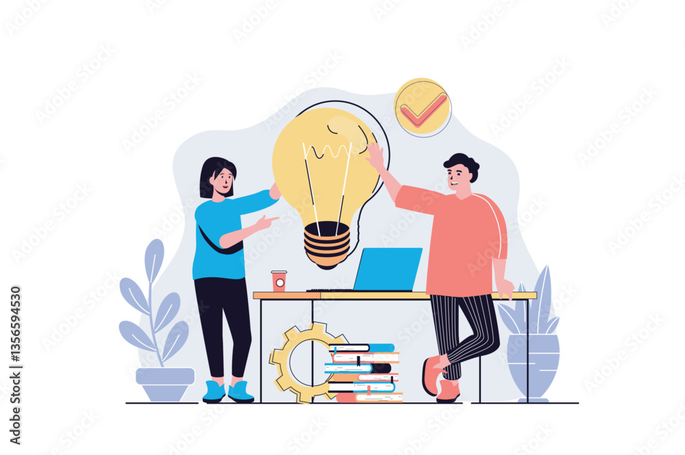 Aufkleber teamwork web concept with cartoon people design. man and woman brainstorming, generating ideas and s