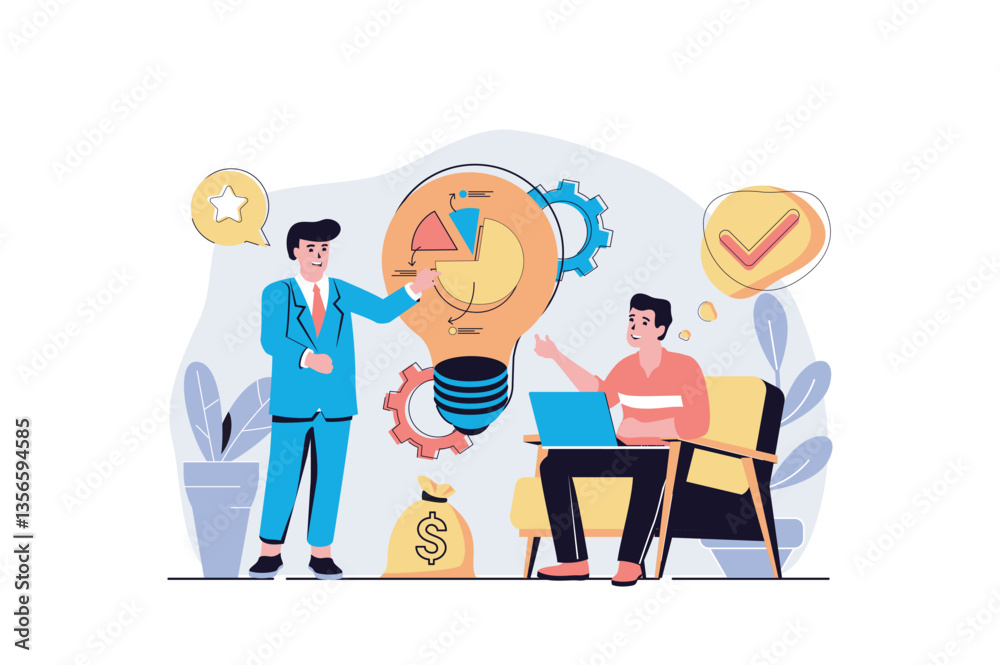 Poster business idea web concept with cartoon people design. men analyzing financial data, generating new i