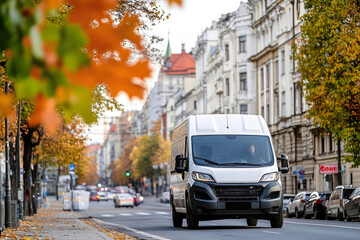 Fototapeta premium White delivery van driving through a European city street in autumn