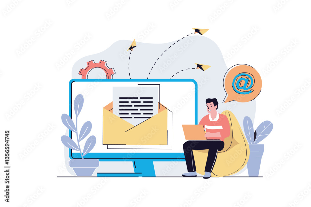 Aufkleber email marketing web concept with cartoon people design. man sending letters with business promotion 