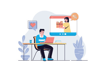 Video marketing web concept with cartoon people design. Man watching video content, influencer advertising brand, offering gifts and discounts. Flat vector illustration isolated on white background.
