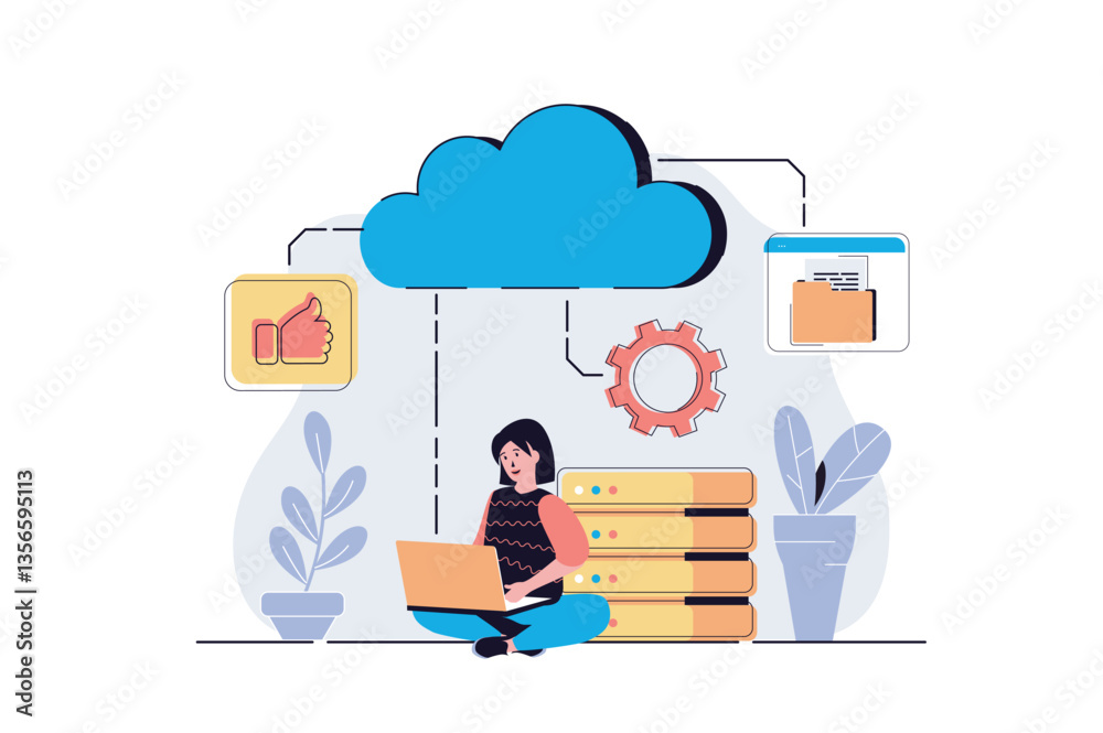 Aufkleber Cloud computing web concept with cartoon people design. Woman processing information and files at laptops using cloud storage and data backup. Flat vector illustration isolated on white background.