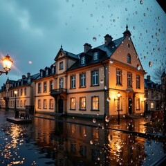 Obraz premium Distorted reflection of historical building on rainy window pane, rain, reflection