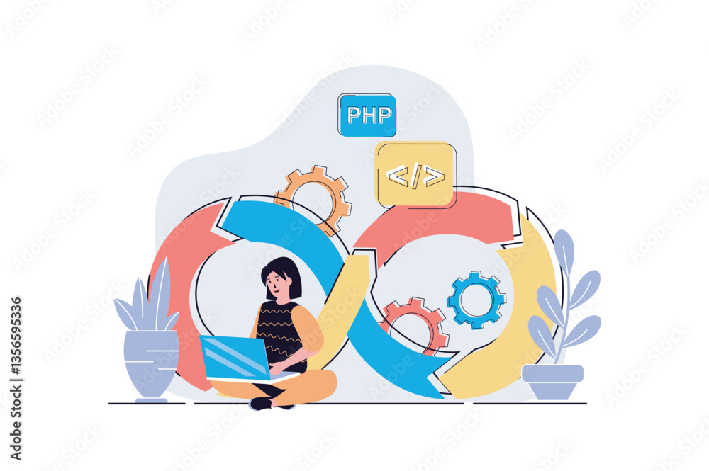 Poster DevOps web concept with cartoon people design. Woman working with programming and management, using job integration practice and agile cycles. Flat vector illustration isolated on white background.