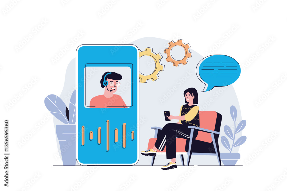 Aufkleber virtual assistant web concept with cartoon people design. woman connecting with operator of customer