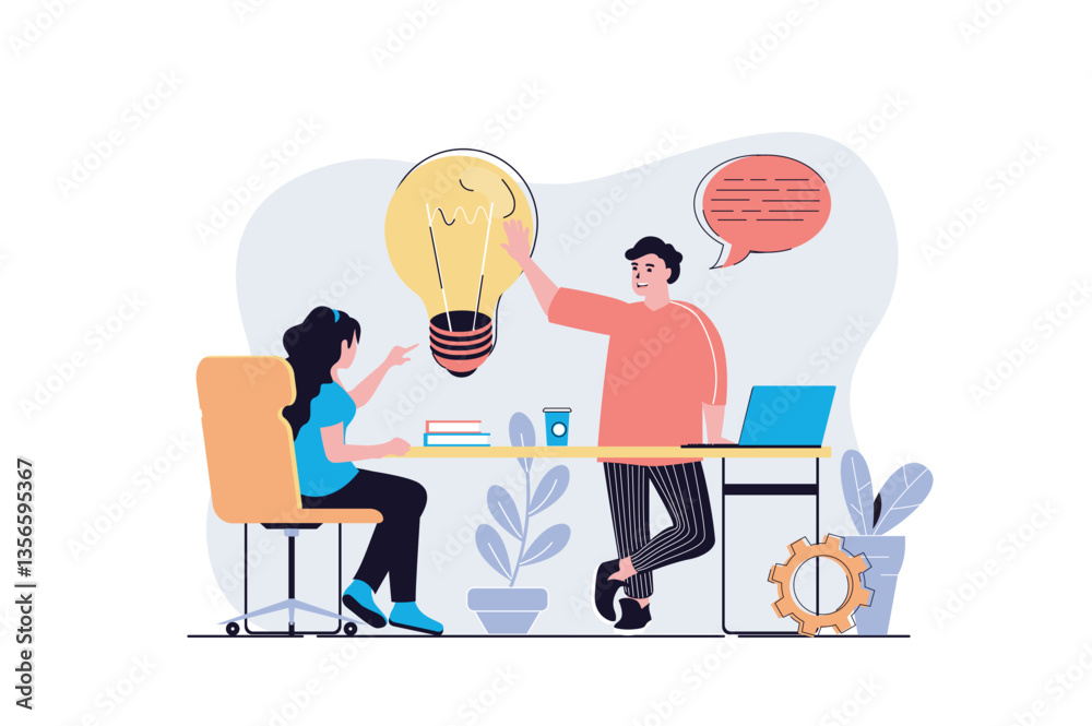 Poster brainstorming web concept with cartoon people design. woman and man generating new ideas, finding so