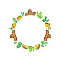 Obraz premium Cute Watercolor Empty Circular Frame with Mexican Tacos Cacti Sombreros White Background Clipart