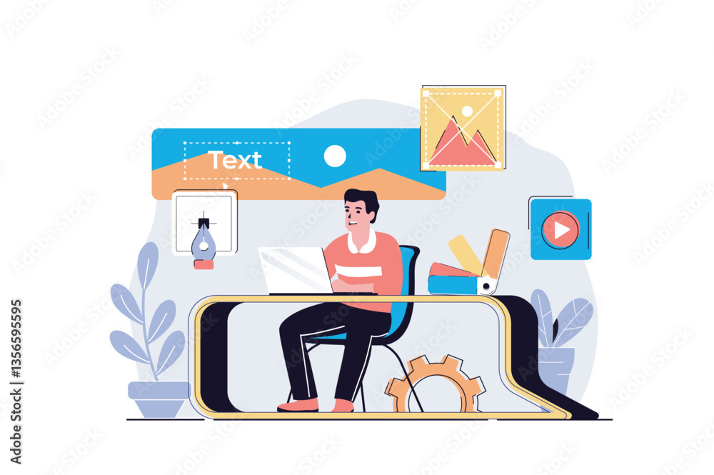 Fototapete Design studio web concept with cartoon people design. Man drawing elements and images, choosing colors for website layout, making visualization. Flat vector illustration isolated on white background.