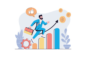 Business growth web concept with cartoon people design. Businessman successfully developing company, increases sales performances at graphs. Flat vector illustration isolated on white background.