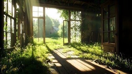 Fototapeta premium A sunlit, overgrown room with large windows, featuring wooden floors and vibrant greenery, creating a serene, nature-filled atmosphere. Concept Sunlit Overgrown Room, Large Windows, Wooden Floors