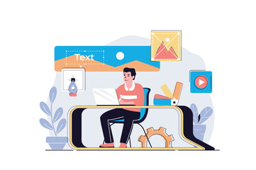 Design studio web concept with cartoon people design. Man drawing elements and images, choosing colors for website layout, making visualization. Flat vector illustration isolated on white background.