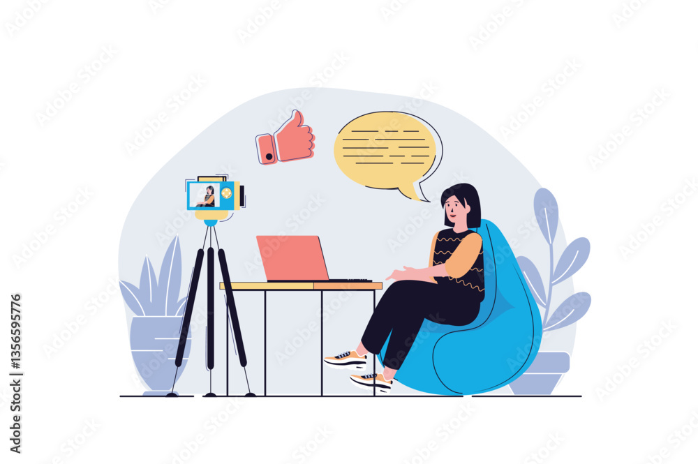 Poster blogging web concept with cartoon people design. woman recording new video at camera, making live br