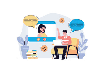 Fototapeta premium Video chatting web concept with cartoon people design. Man talking to woman by video calling using laptop, connecting with virtual friends. Flat vector illustration isolated on white background.