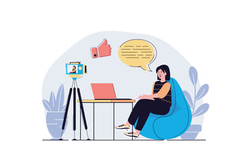 Blogging web concept with cartoon people design. Woman recording new video at camera, making live broadcasting and answering followers comments. Flat vector illustration isolated on white background.