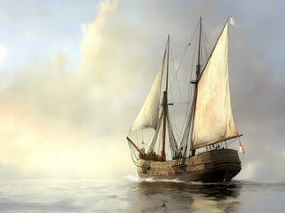 Fototapeta premium Sailing Through Time: A historic sailboat glides gracefully across calm waters under a vast, cloudy sky, evoking a sense of adventure and maritime exploration.