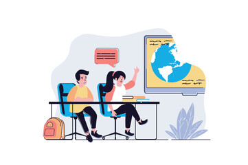 School learning web concept with cartoon people design. Boy and girl studying at lesson in classroom, pupils answering at geography test. Flat vector illustration isolated on white background.