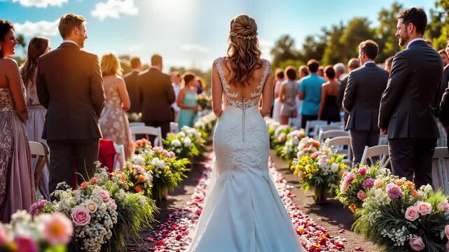 Bride in lace backless gown standing at flower decorated aisle during outdoor wedding ceremony. Garden marriage celebration with rose petals pathway, elegant floral arrangements, and formal guests