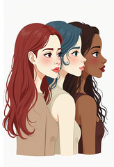 Three women with different hair colors and skin tones