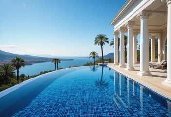 Fototapeta premium Tranquil ocean view from a luxurious infinity pool reflecting palm trees in a bright sunny day clear sky.