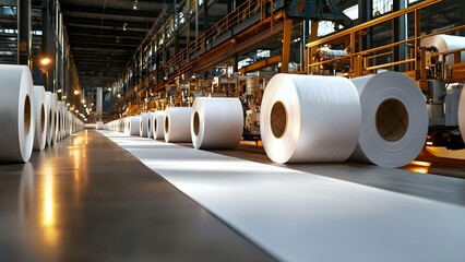 A large paper manufacturing facility with rows of white paper rolls and machinery in an industrial setting. Concept Industrial Paper Production, Machinery Operations, White Paper Rolls