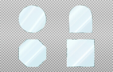 Set of round, octagonal, square and arched mirrors. Reflective glass plate. 3d vector illustration isolated on transparent background
