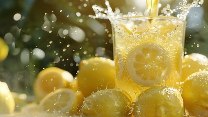  A bright summer scene with a glass of lemon juice, the vibrant yellow of the lemons, glistening condensation, and a splash of juice being poured, all captured with high detail. 
