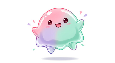 Fototapeta premium manga comic style, a chibi-style warabi mochi character, translucent jelly-like body, happy face, bouncing playfully