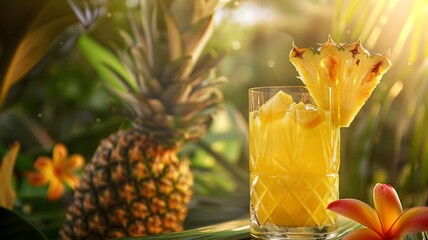  A chilled glass of pineapple juice with a pineapple slice garnish, set against a backdrop of lush greenery and tropical flowers. 
