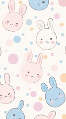 Obraz premium Cute pastel rabbit faces and polka dots pattern. Playful and fun design. Bunny faces