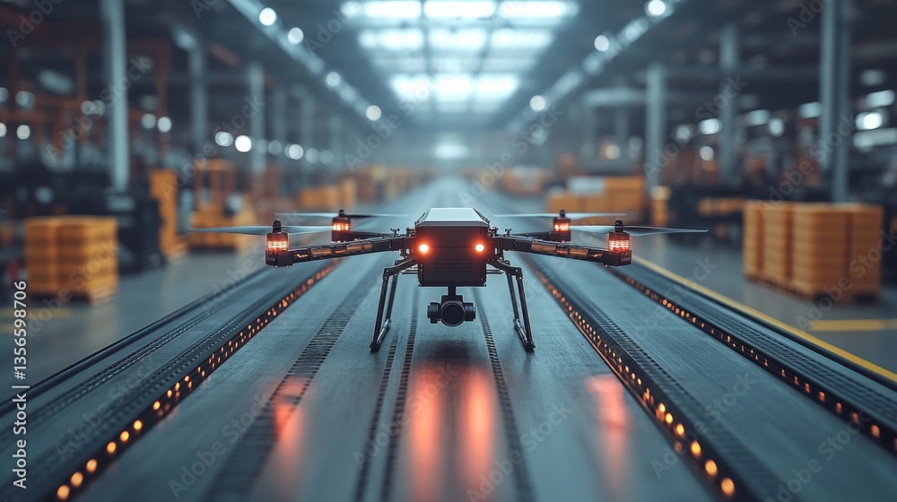 Poster a drone is positioned on a track inside a spacious warehouse designed for logistics and distribution