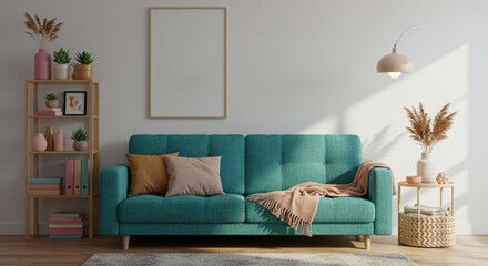 A modern living room features a teal sofa adorned with pillows and a soft throw. Shelves display plants and decor items, illuminated by natural light from a nearby lamp