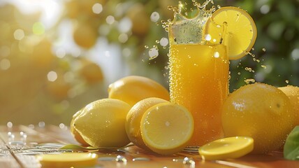  A bright summer scene with a glass of lemon juice, the vibrant yellow of the lemons, glistening condensation, and a splash of juice being poured, all captured with high detail. 
