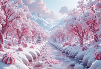 Winter wonderland of candy dreams a magical landscape filled with pastel pink trees and candy river snow covered mountains