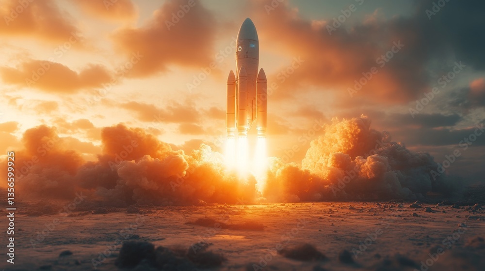 Poster a rocket is lifting off from the launch pad as the sun sets, enveloped in clouds and flames, signali