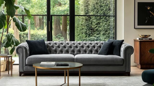 Inviting living area adorned with a gray sofa, tables, and a commode