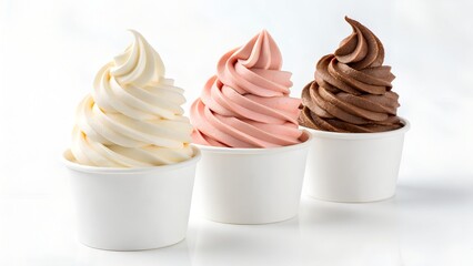 Mockup Strawberry frozen yogurt or soft ice cream, vanilla and chocolate frozen yogurt or soft ice cream in blank paper cup packaging template mockup collection with isolated background